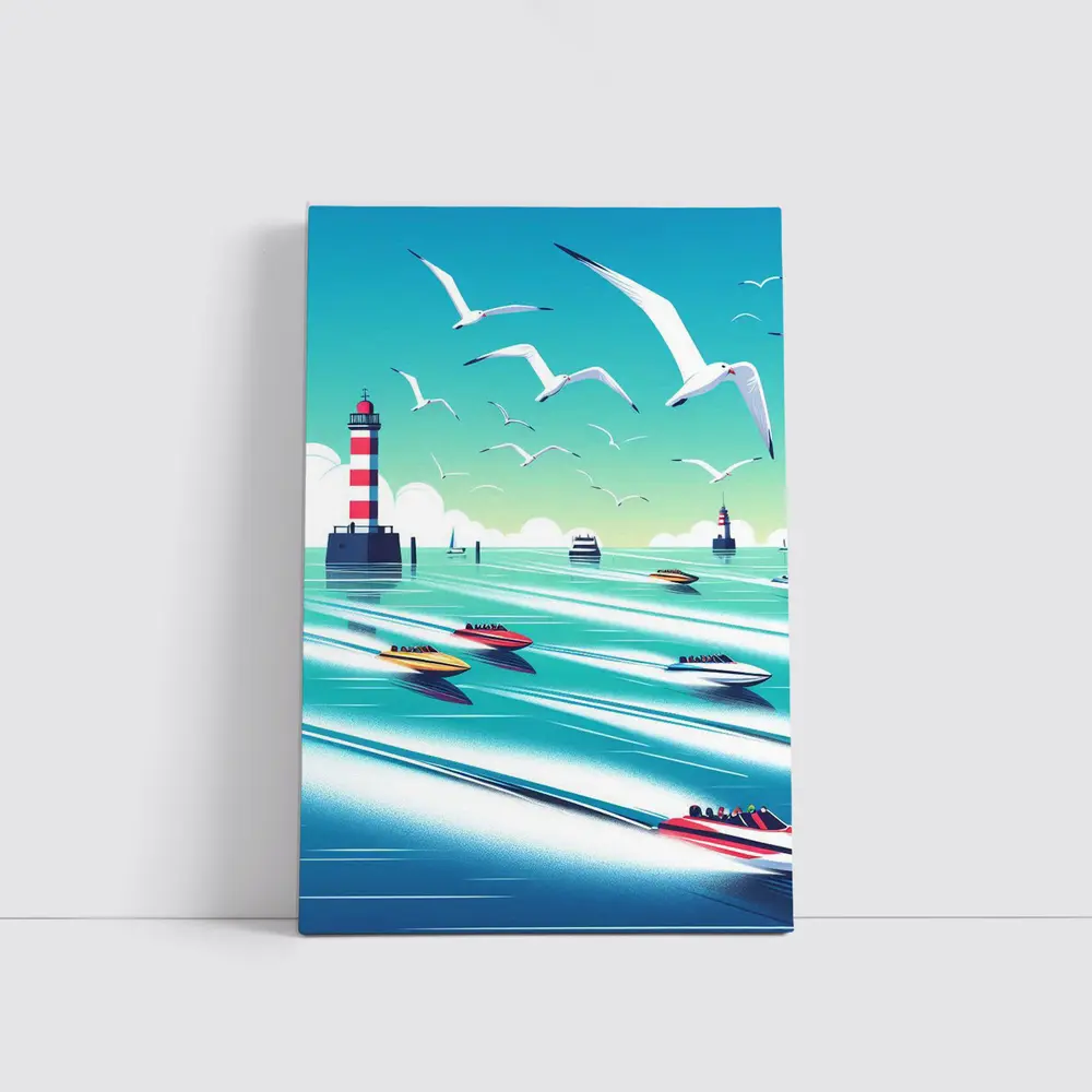 Speedboats Racing Past Lighthouse Seagulls Sky – Wall Art