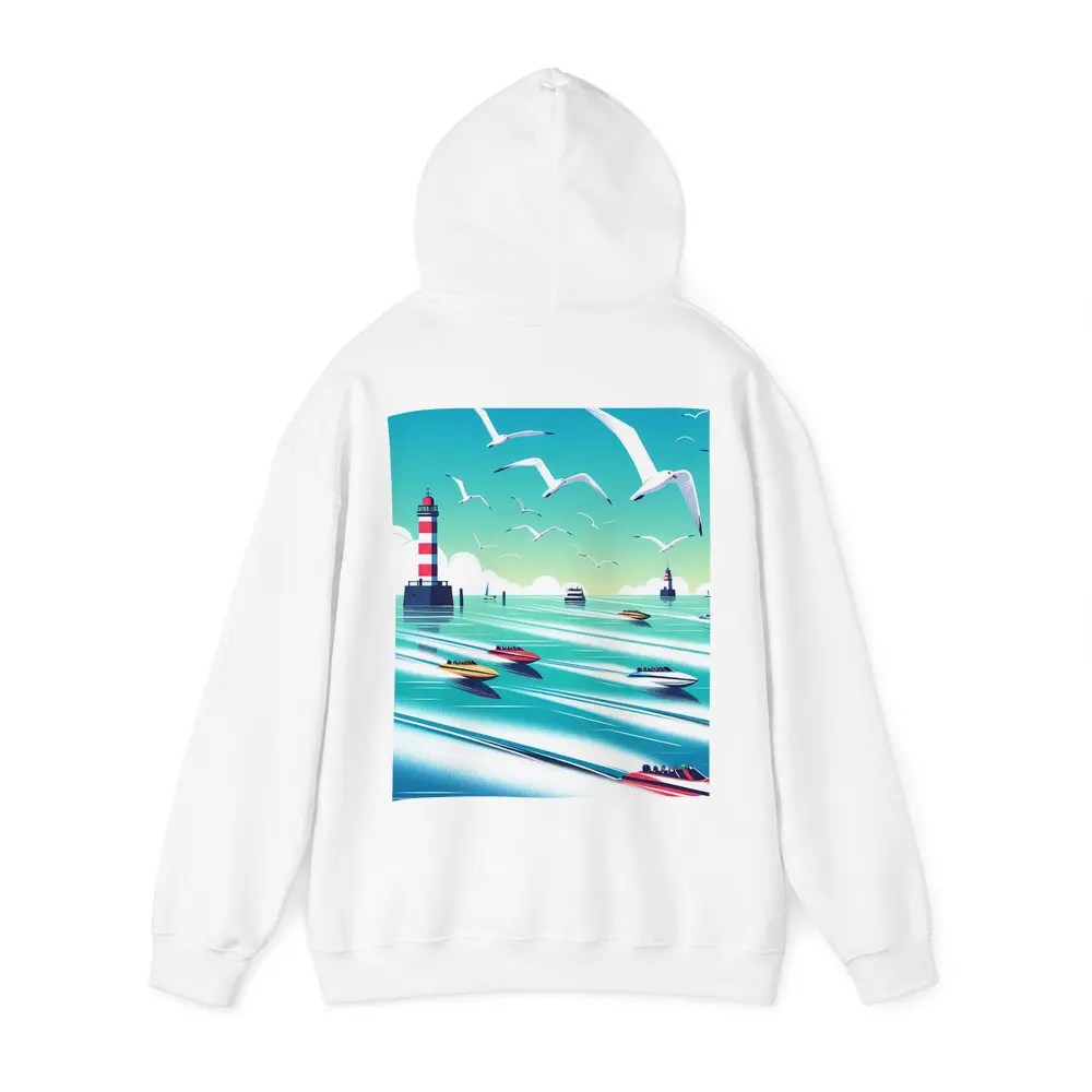 Speedboats Racing Past Lighthouse Seagulls Sky – Hoodies