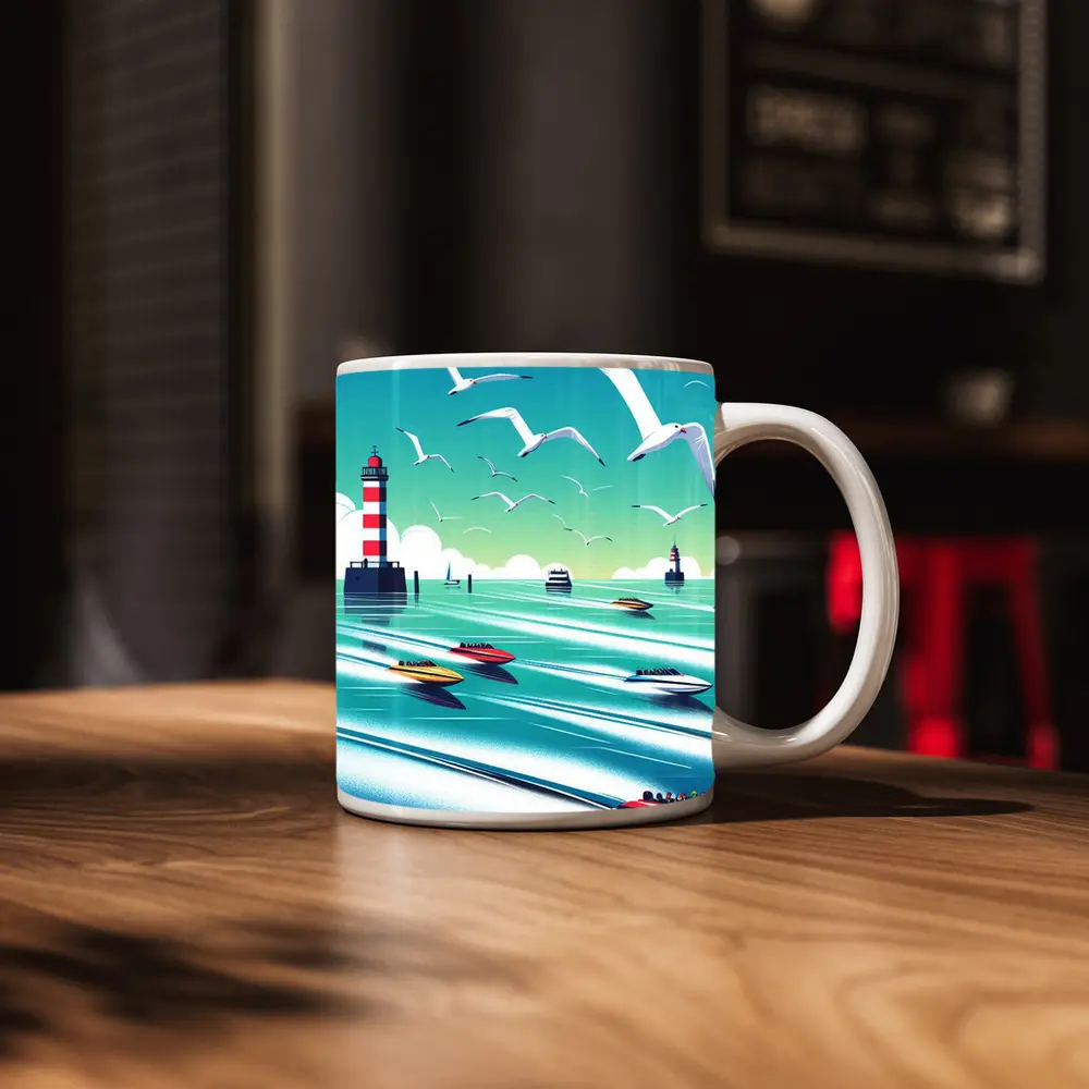 Speedboats Racing Past Lighthouse Seagulls Sky – Mugs