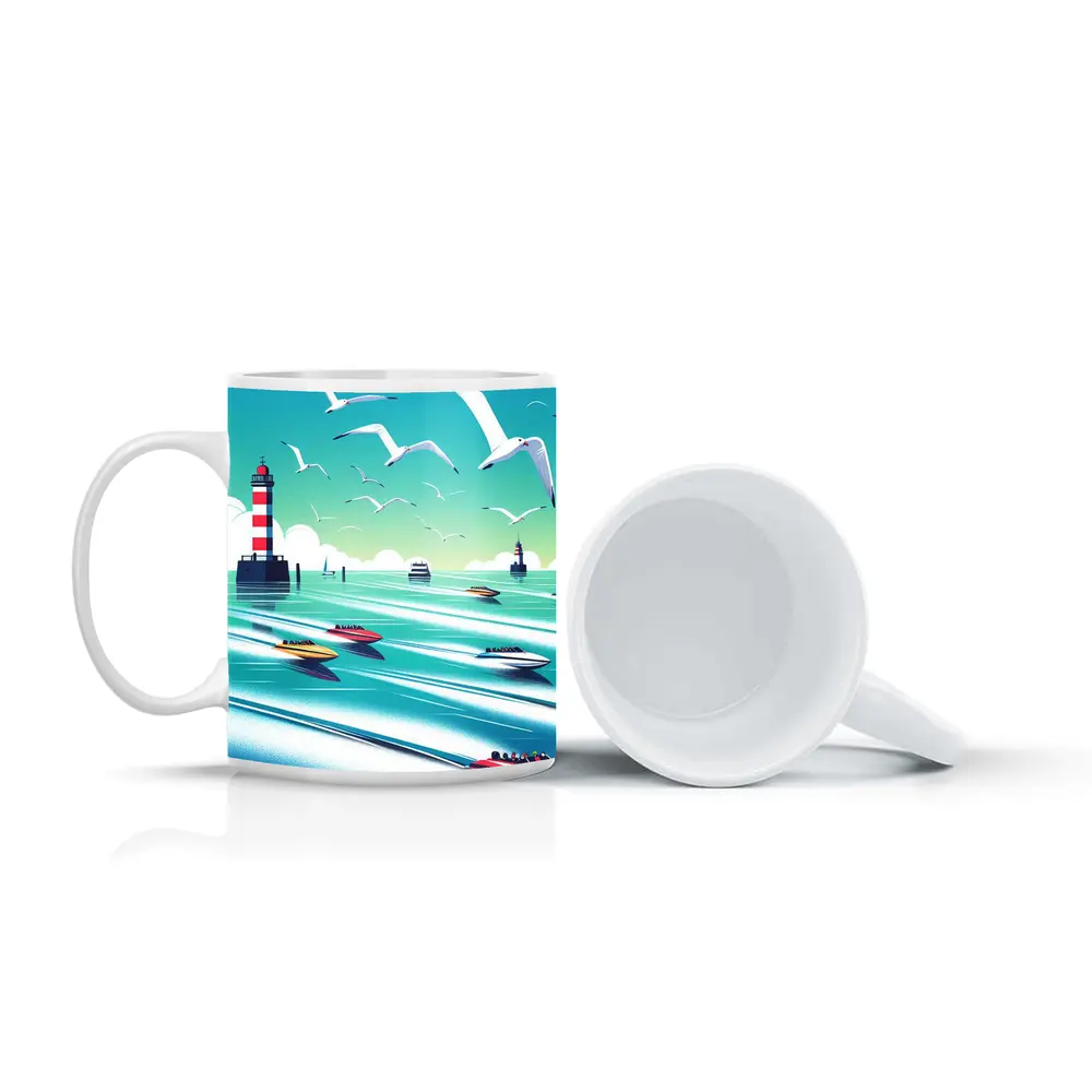 Speedboats Racing Past Lighthouse Seagulls Sky – Mugs