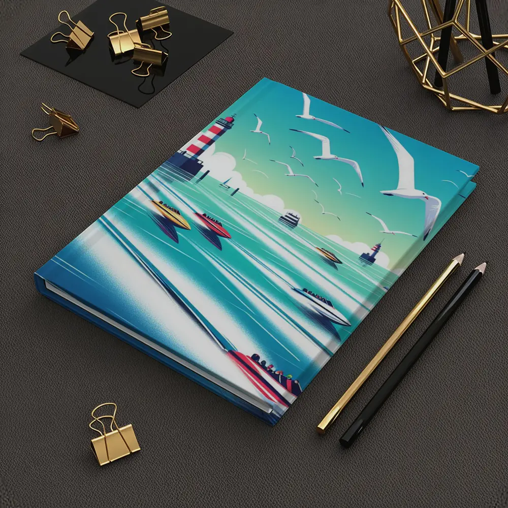 Speedboats Racing Past Lighthouse Seagulls Sky – Notebooks