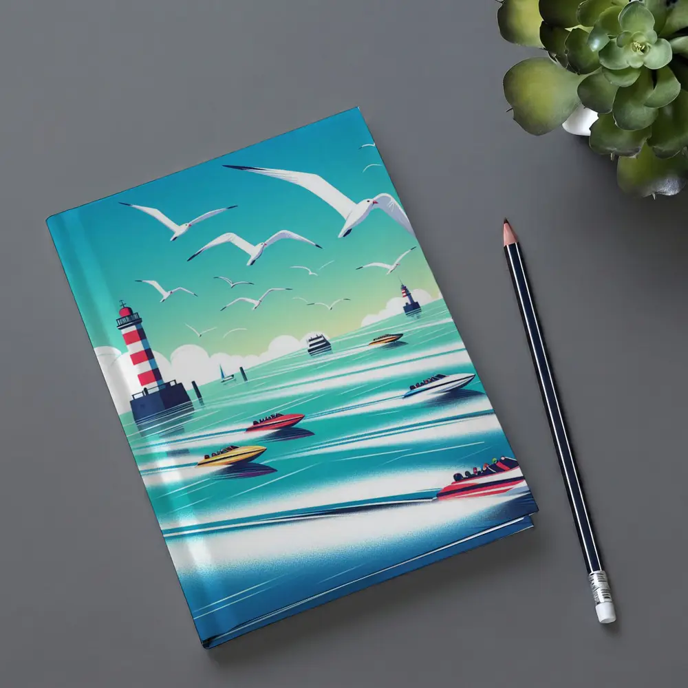 Speedboats Racing Past Lighthouse Seagulls Sky – Notebooks