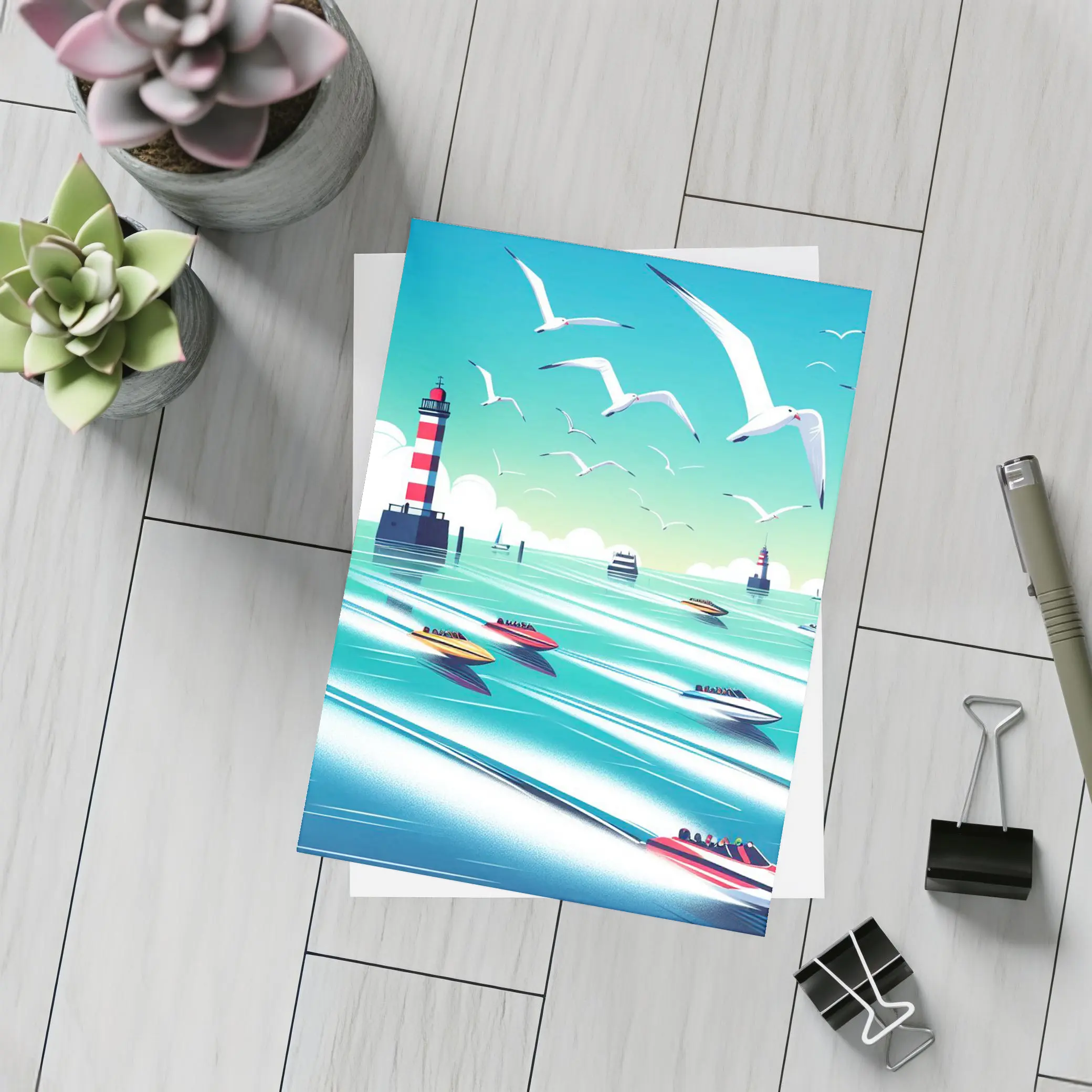 Speedboats Racing Past Lighthouse Seagulls Sky – Postcards