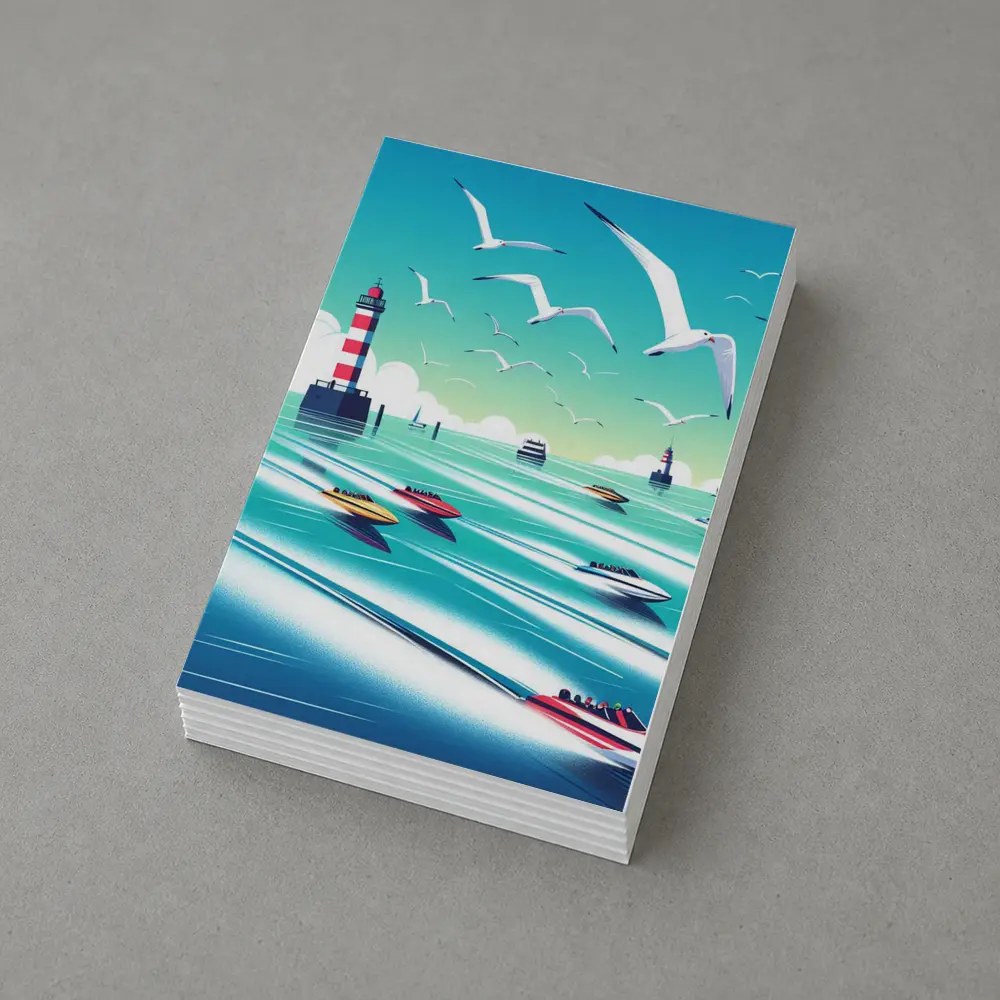 Speedboats Racing Past Lighthouse Seagulls Sky – Postcards