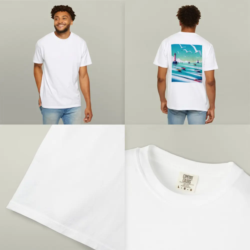 Speedboats Racing Past Lighthouse Seagulls Sky – T-Shirts