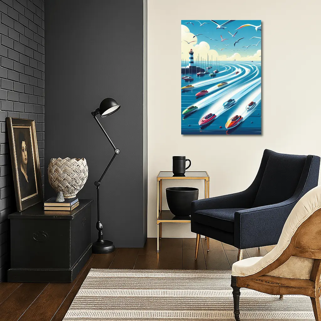 Colorful Speedboats Racing Near Lighthouse Illustration – Wall Art