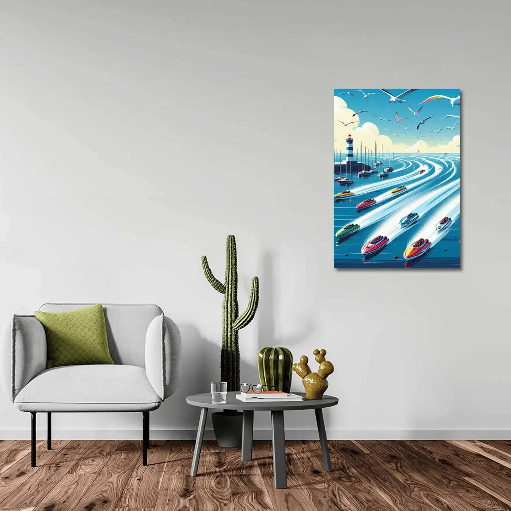 Colorful Speedboats Racing Near Lighthouse Illustration – Wall Art