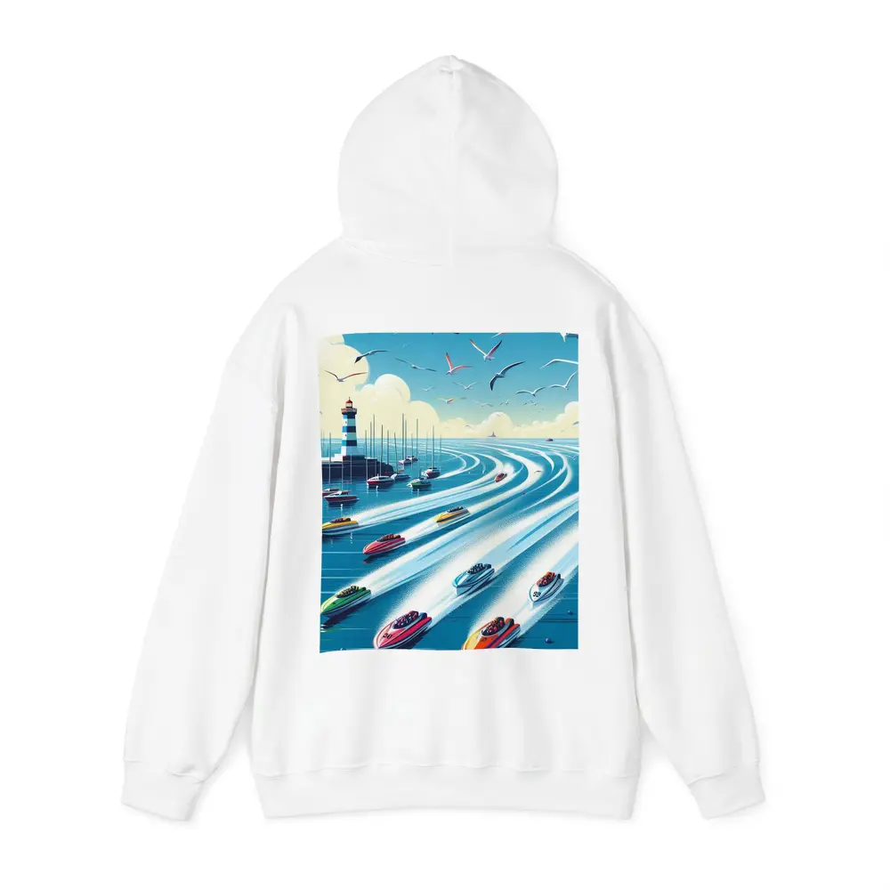 Colorful Speedboats Racing Near Lighthouse Illustration – Hoodies