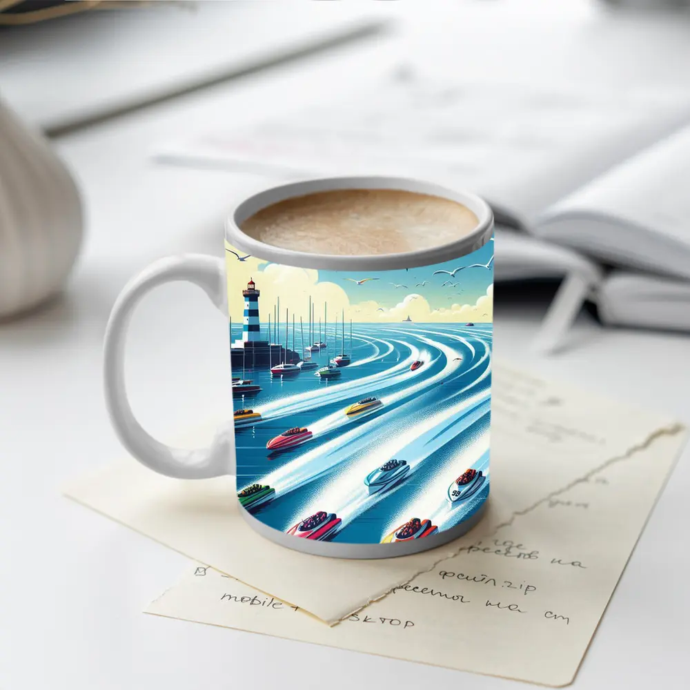 Colorful Speedboats Racing Near Lighthouse Illustration – Mugs