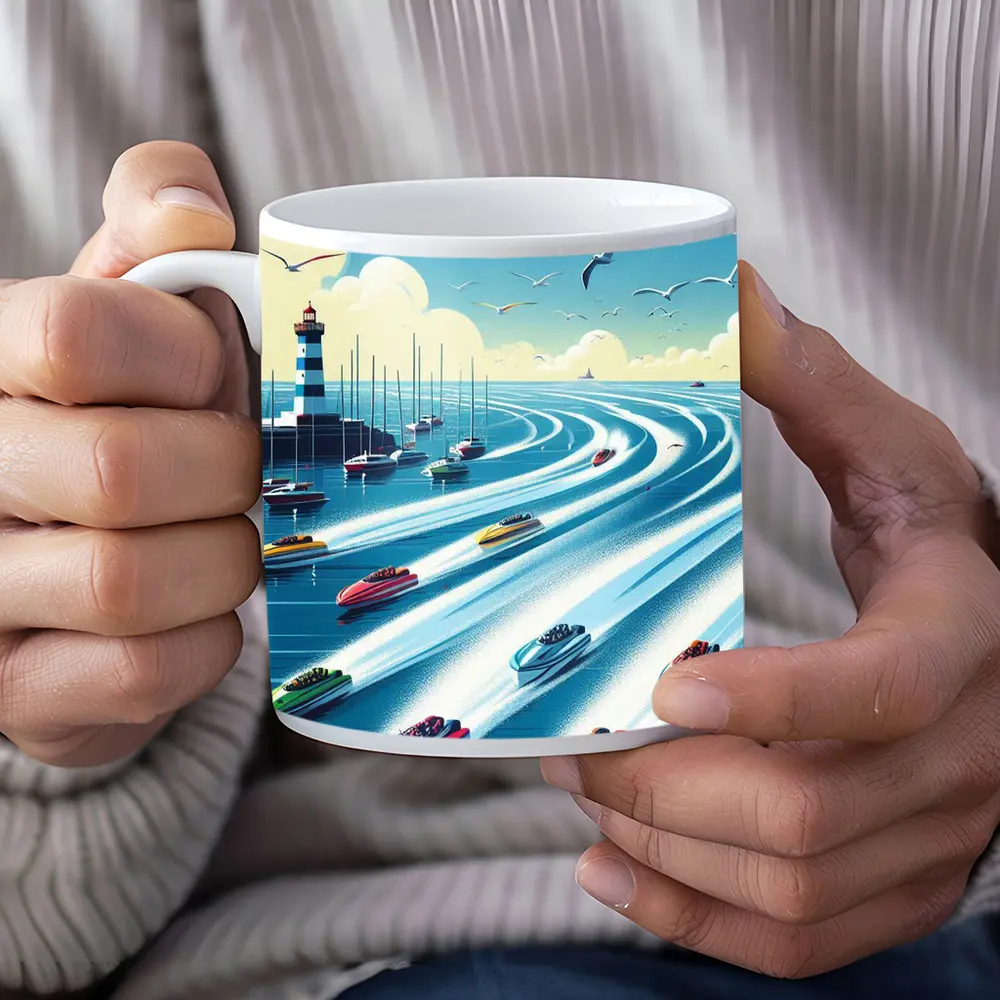 Colorful Speedboats Racing Near Lighthouse Illustration – Mugs