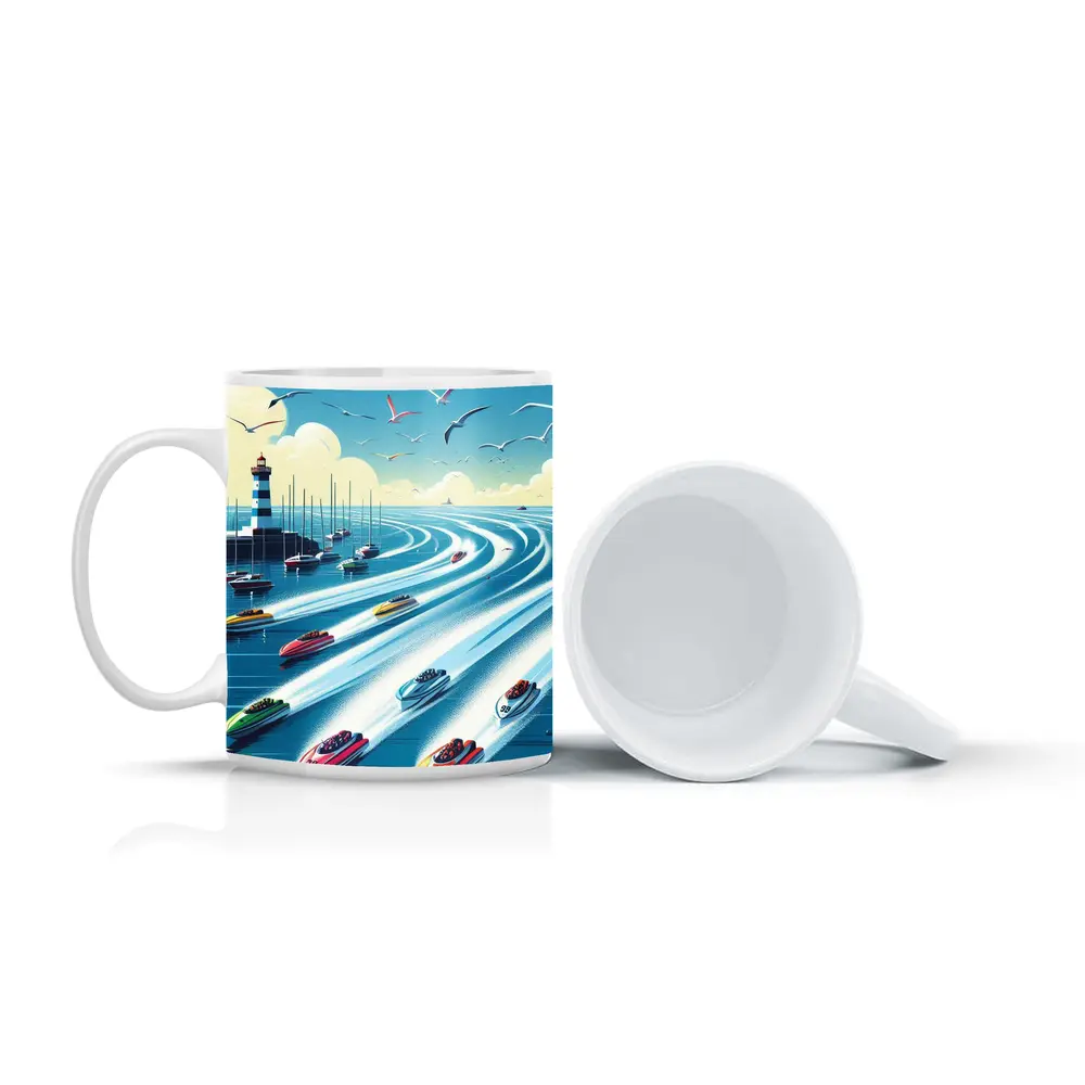 Colorful Speedboats Racing Near Lighthouse Illustration – Mugs