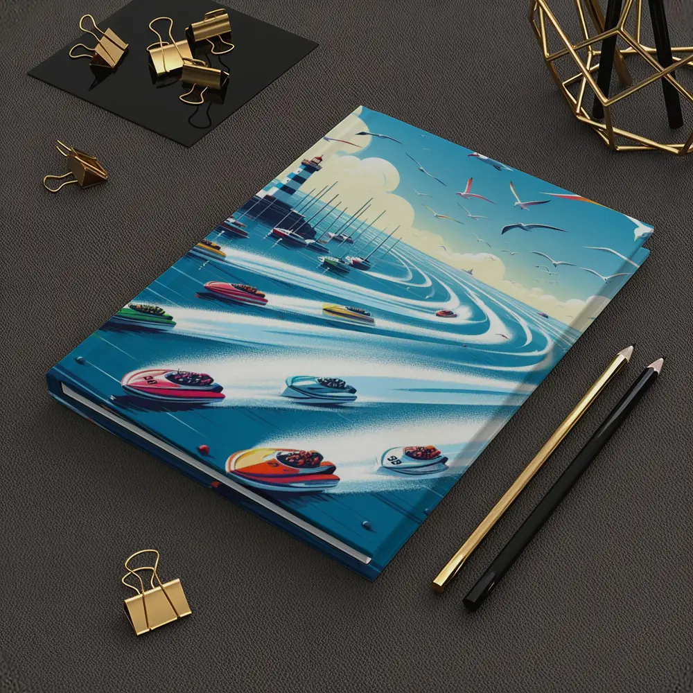 Colorful Speedboats Racing Near Lighthouse Illustration – Notebooks