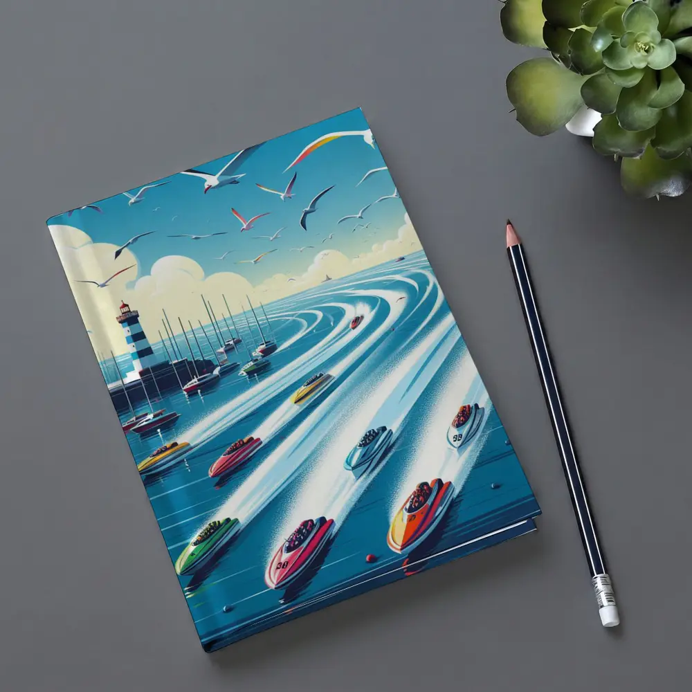 Colorful Speedboats Racing Near Lighthouse Illustration – Notebooks