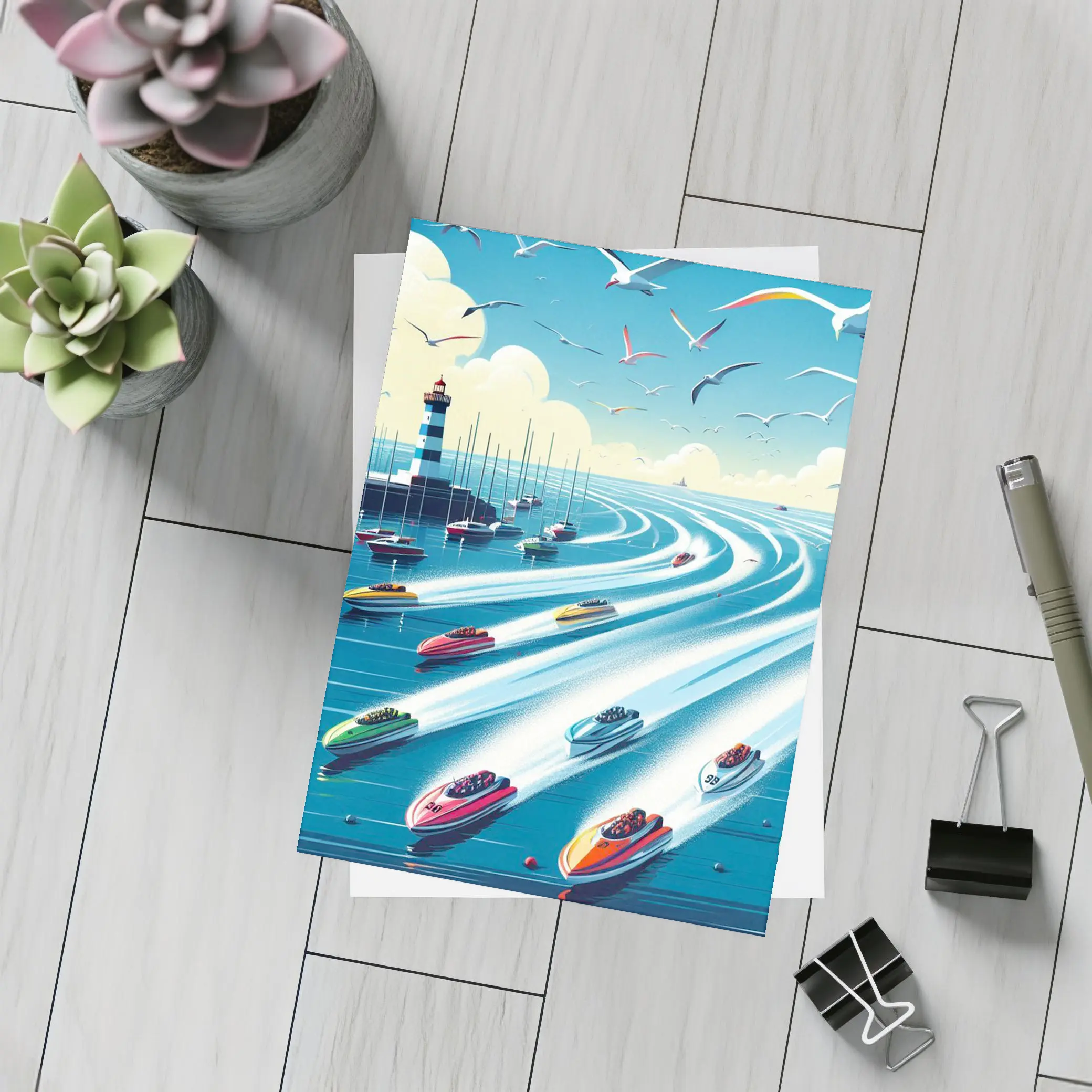 Colorful Speedboats Racing Near Lighthouse Illustration – Postcards