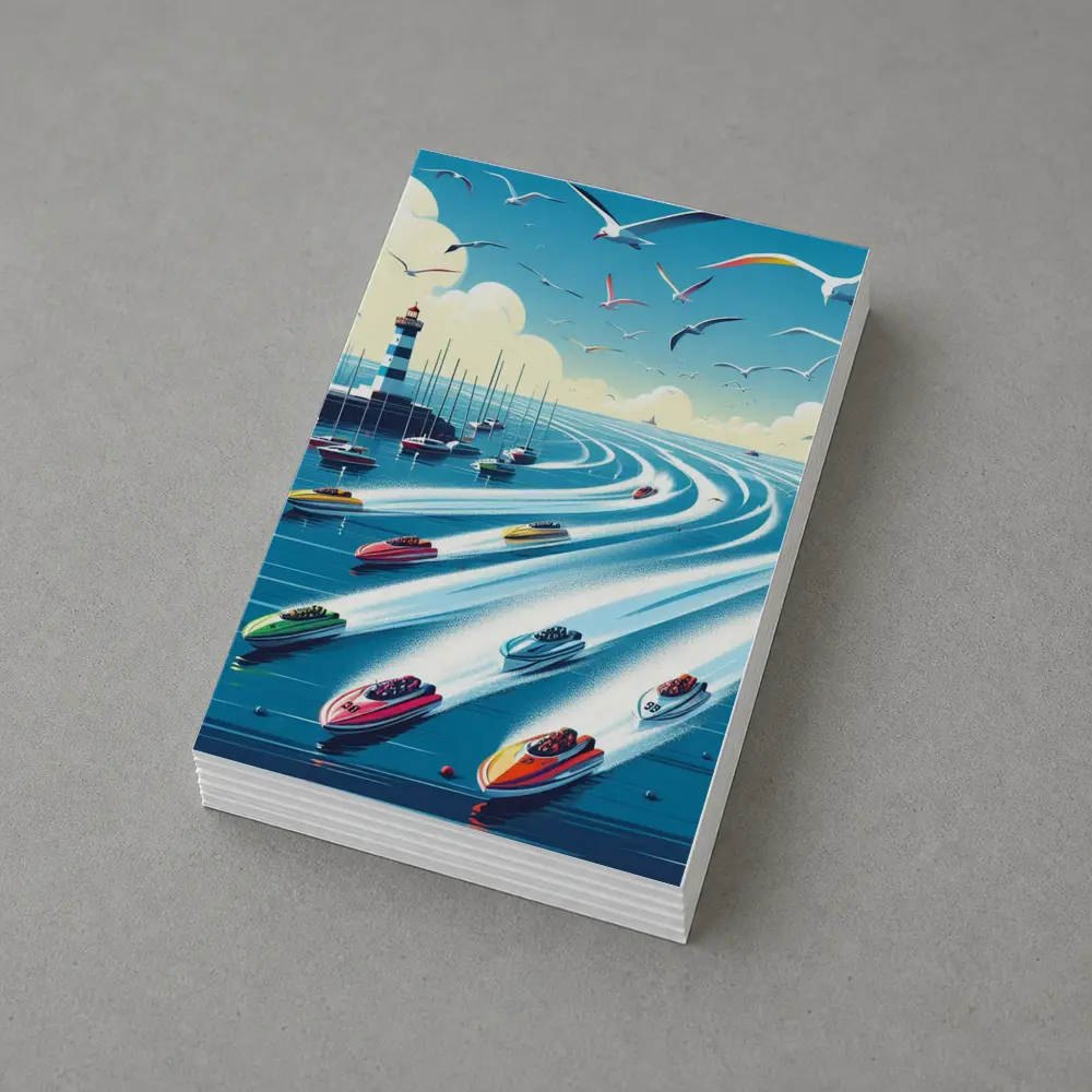 Colorful Speedboats Racing Near Lighthouse Illustration – Postcards