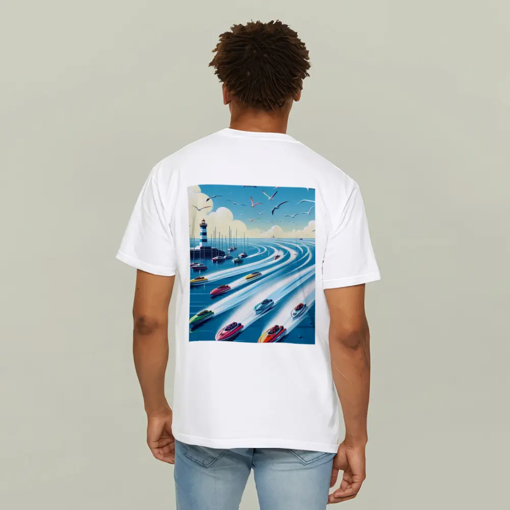 Colorful Speedboats Racing Near Lighthouse Illustration – T-Shirts