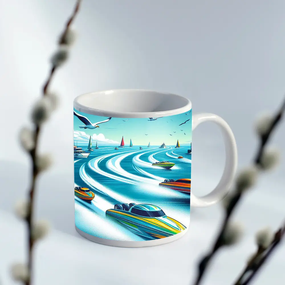 Speed Boats Racing Across Blue Ocean Waters – Mugs