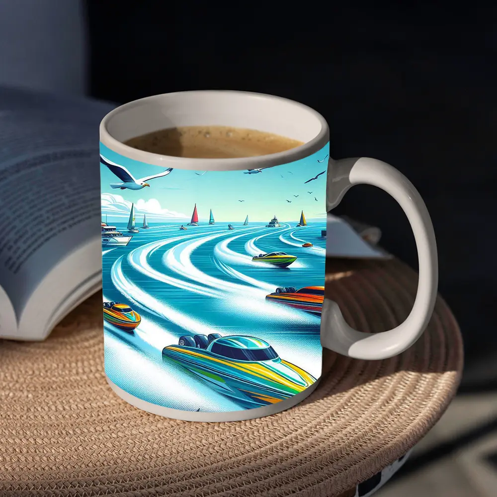Speed Boats Racing Across Blue Ocean Waters – Mugs