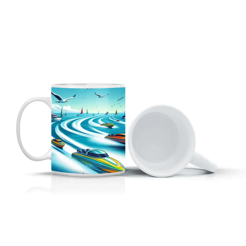 Speed Boats Racing Across Blue Ocean Waters – Mugs