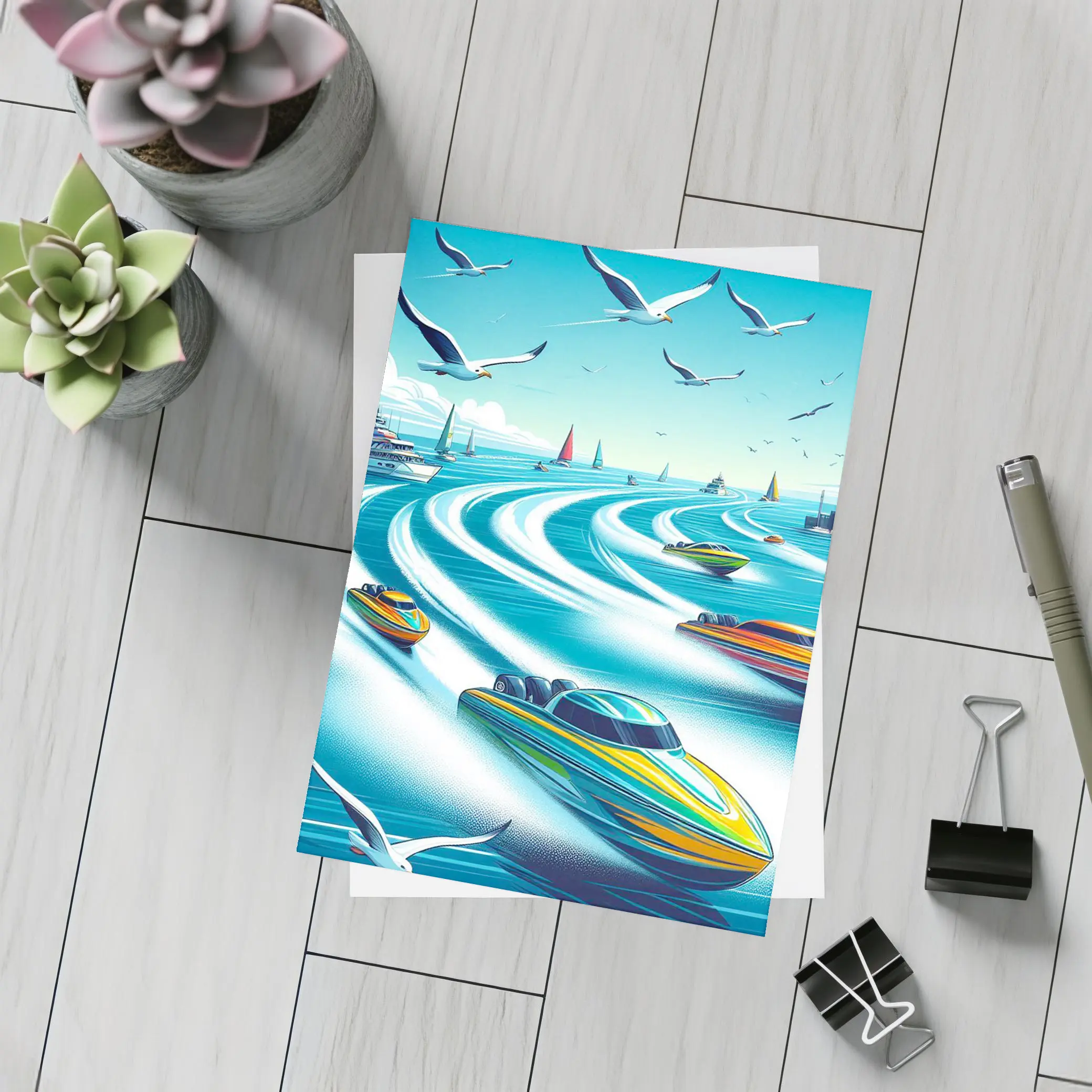 Speed Boats Racing Across Blue Ocean Waters – Postcards