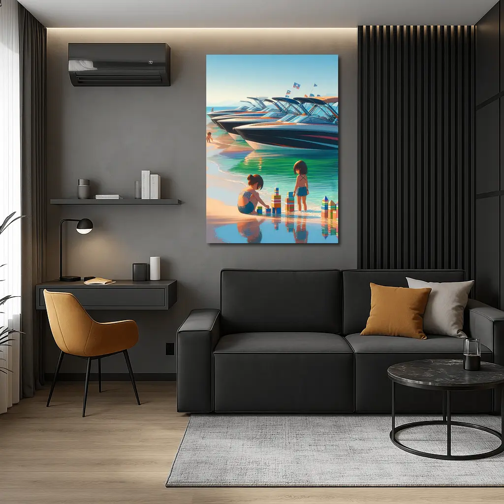 Kids Playing Beach Speedboats Sunny Summer Day – Wall Art