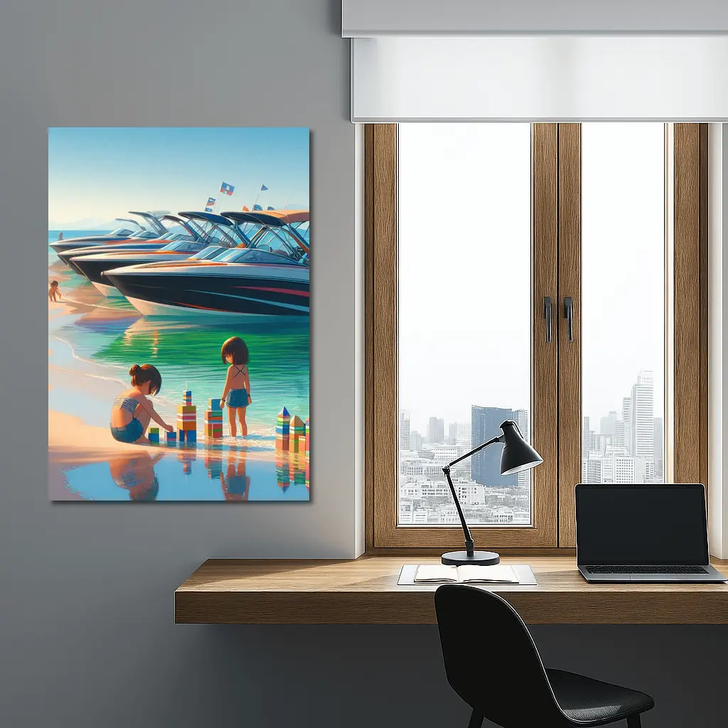 Kids Playing Beach Speedboats Sunny Summer Day – Wall Art