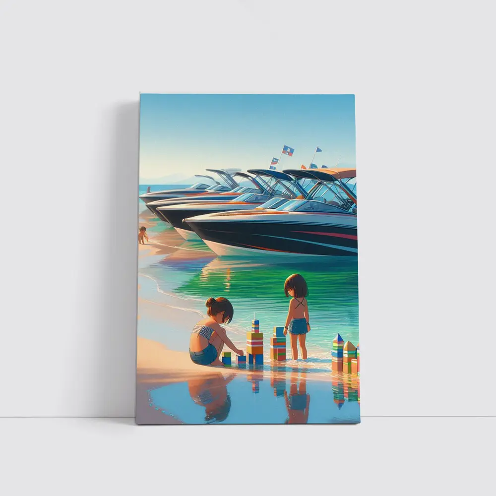 Kids Playing Beach Speedboats Sunny Summer Day – Wall Art