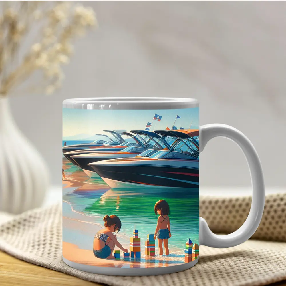 Kids Playing Beach Speedboats Sunny Summer Day – Mugs