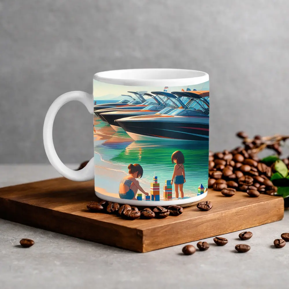 Kids Playing Beach Speedboats Sunny Summer Day – Mugs