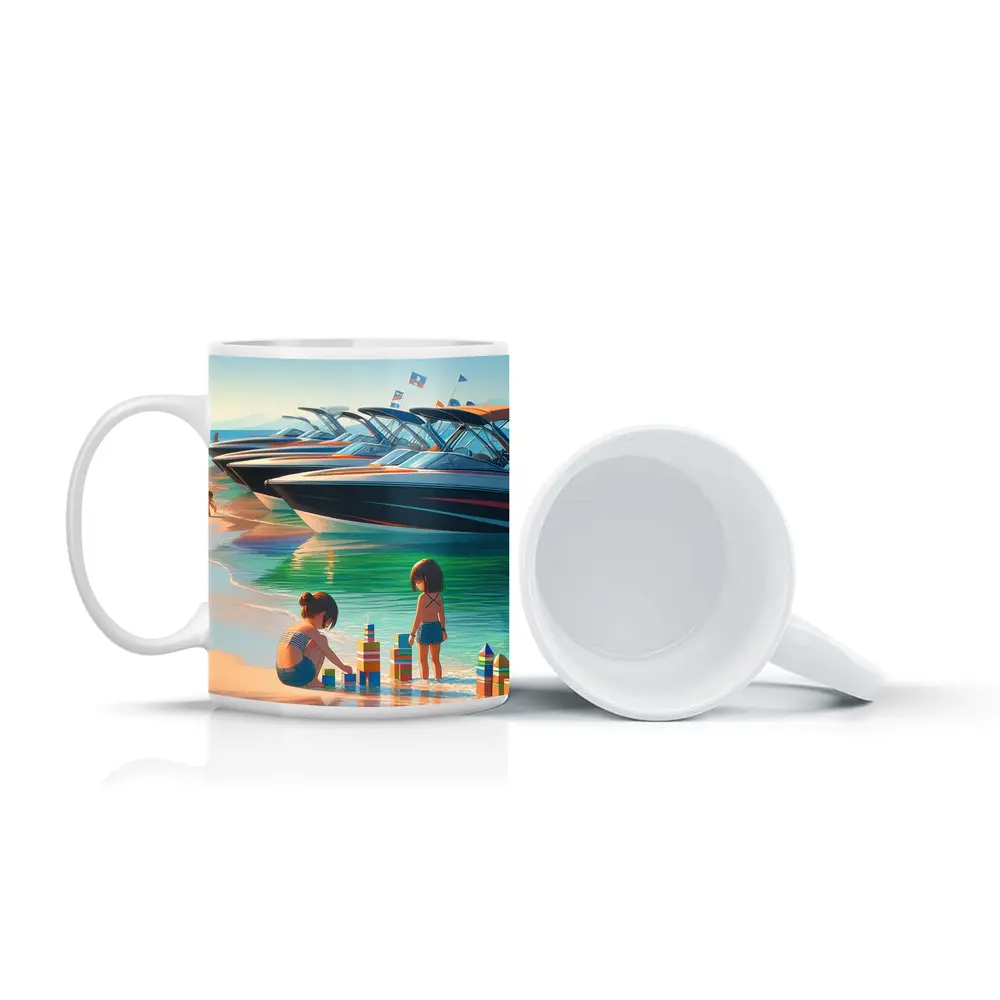 Kids Playing Beach Speedboats Sunny Summer Day – Mugs