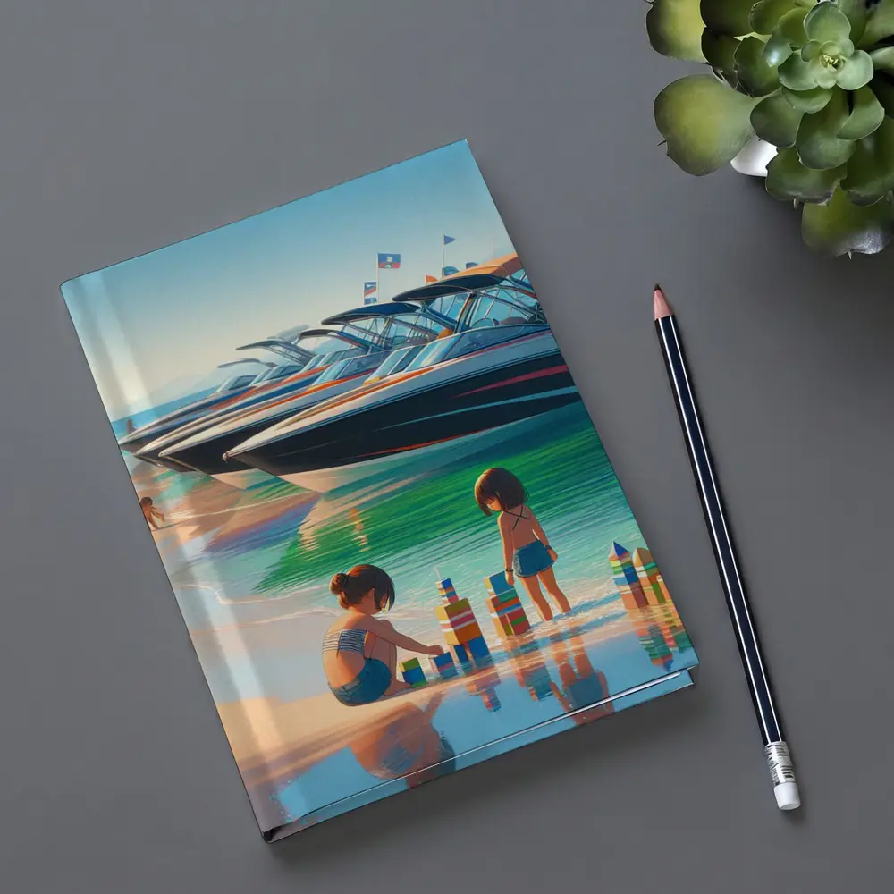 Kids Playing Beach Speedboats Sunny Summer Day – Notebooks