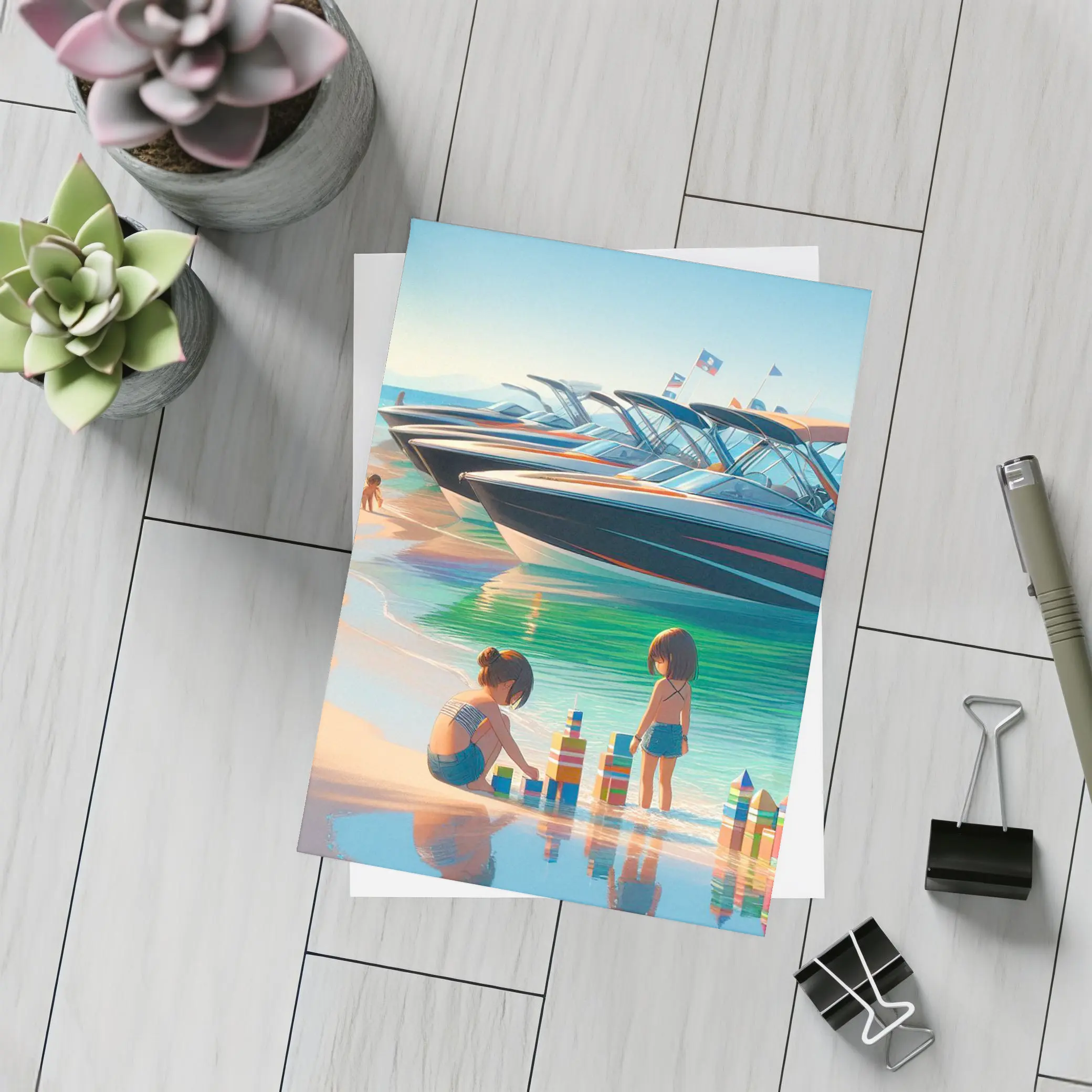 Kids Playing Beach Speedboats Sunny Summer Day – Postcards
