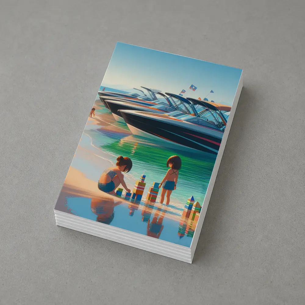 Kids Playing Beach Speedboats Sunny Summer Day – Postcards