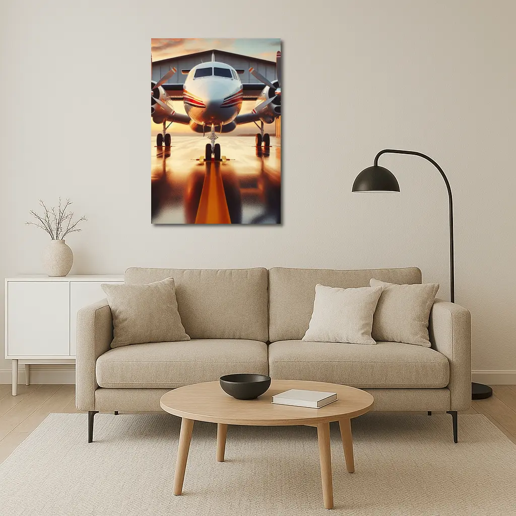 Twin Engine Propeller Plane Sunset Hangar – Wall Art