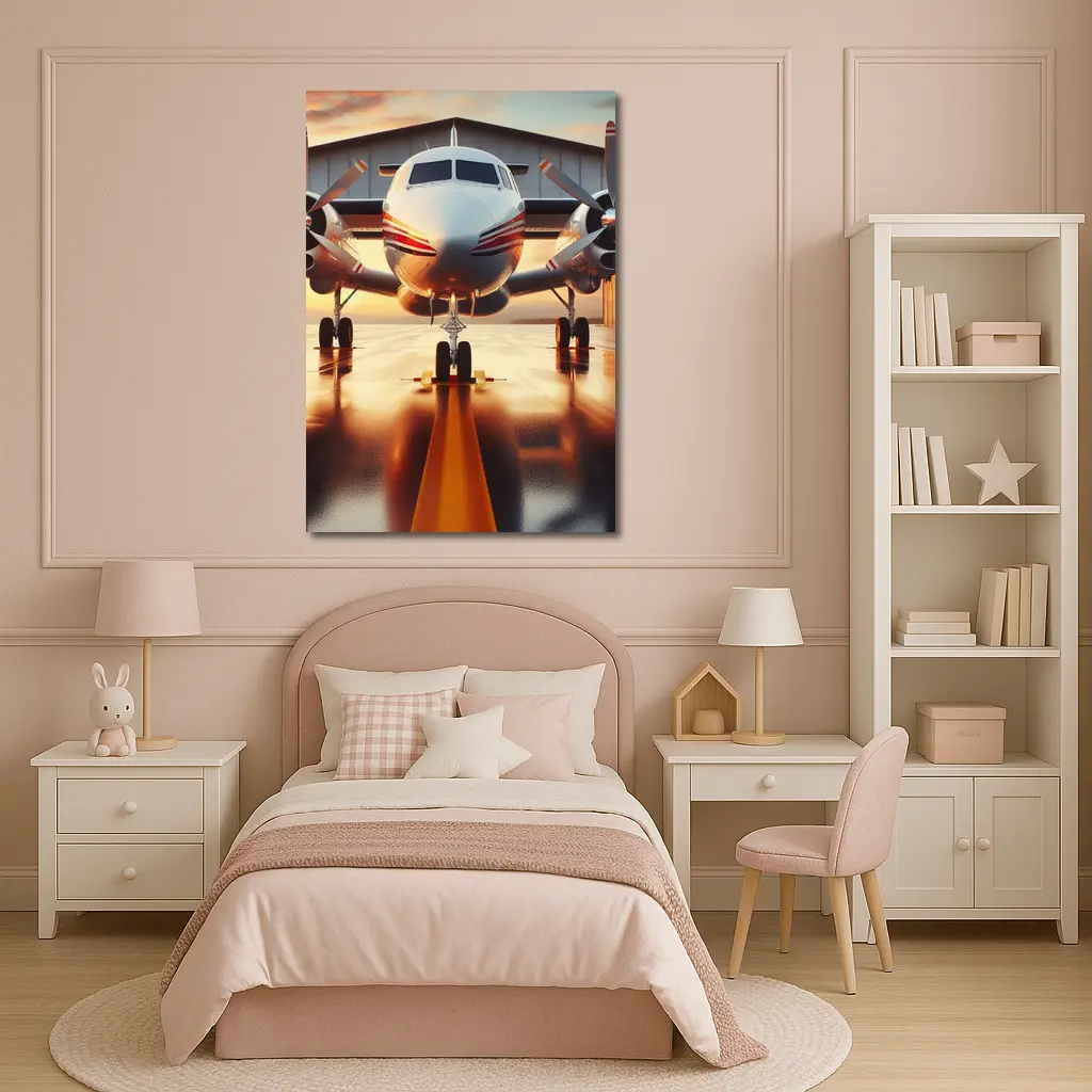 Twin Engine Propeller Plane Sunset Hangar – Wall Art