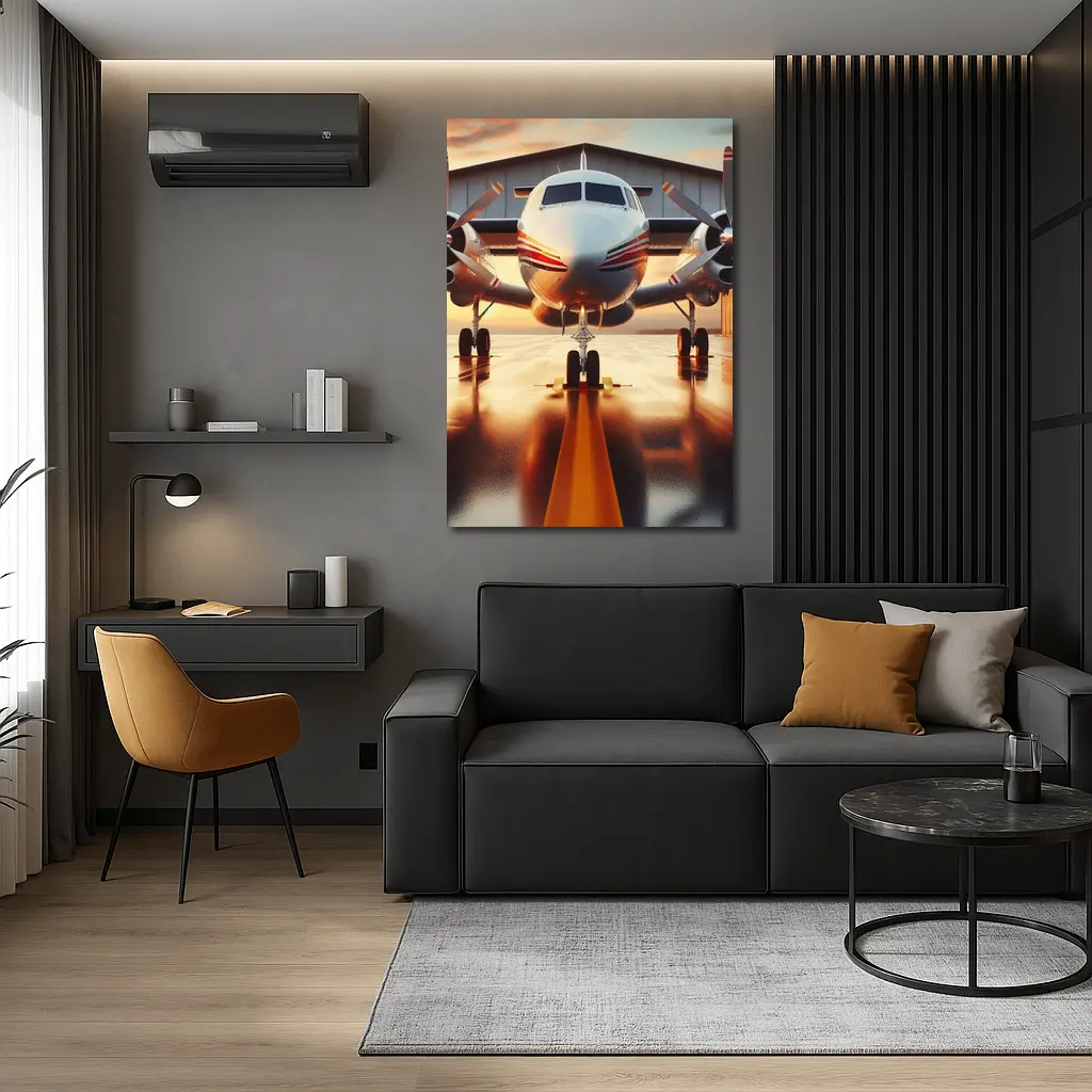 Twin Engine Propeller Plane Sunset Hangar – Wall Art