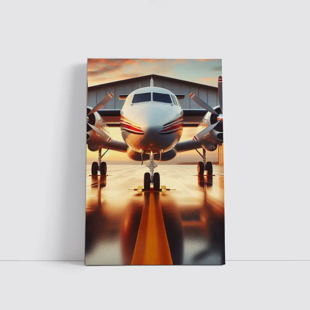 Twin Engine Propeller Plane Sunset Hangar – Wall Art