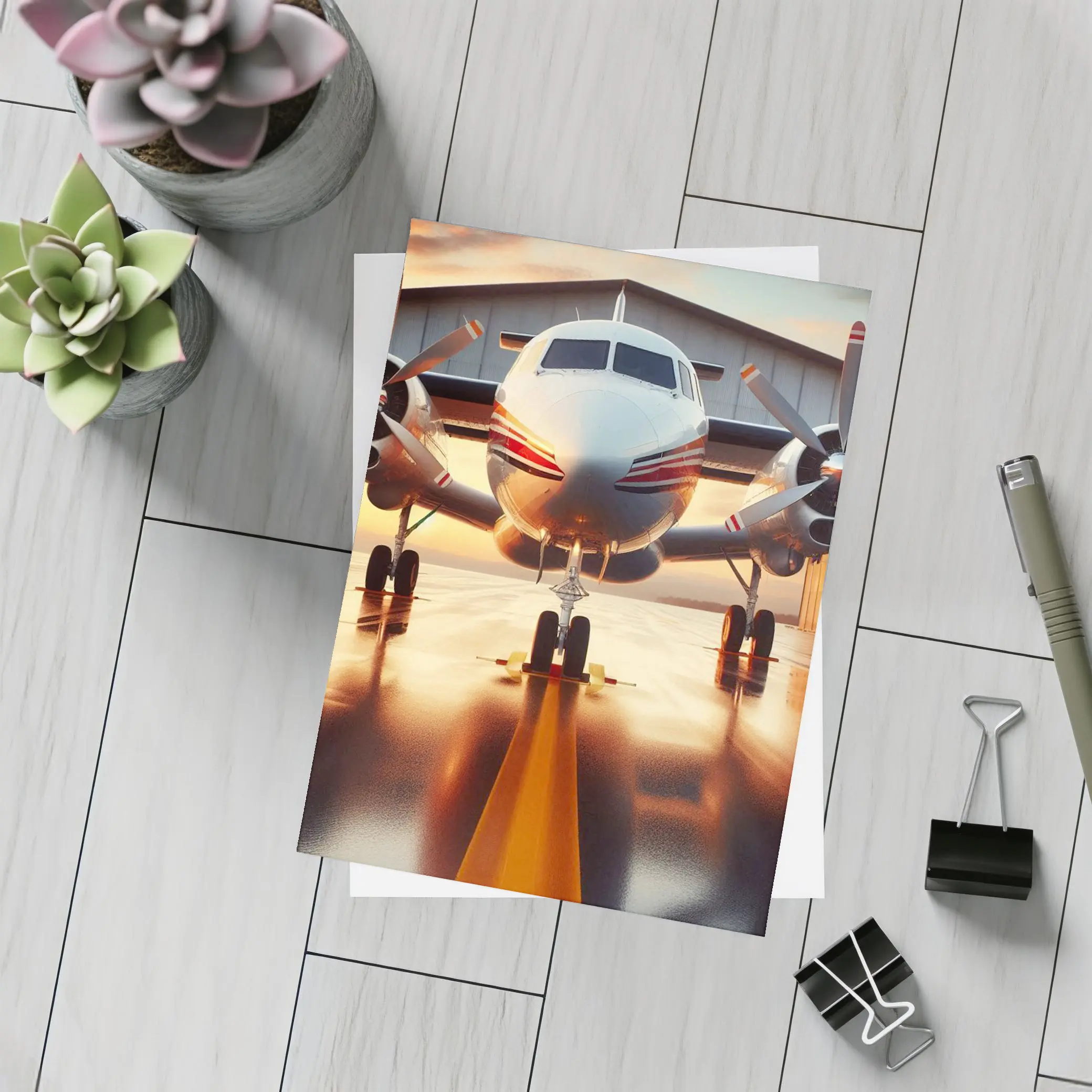 Twin Engine Propeller Plane Sunset Hangar – Postcards