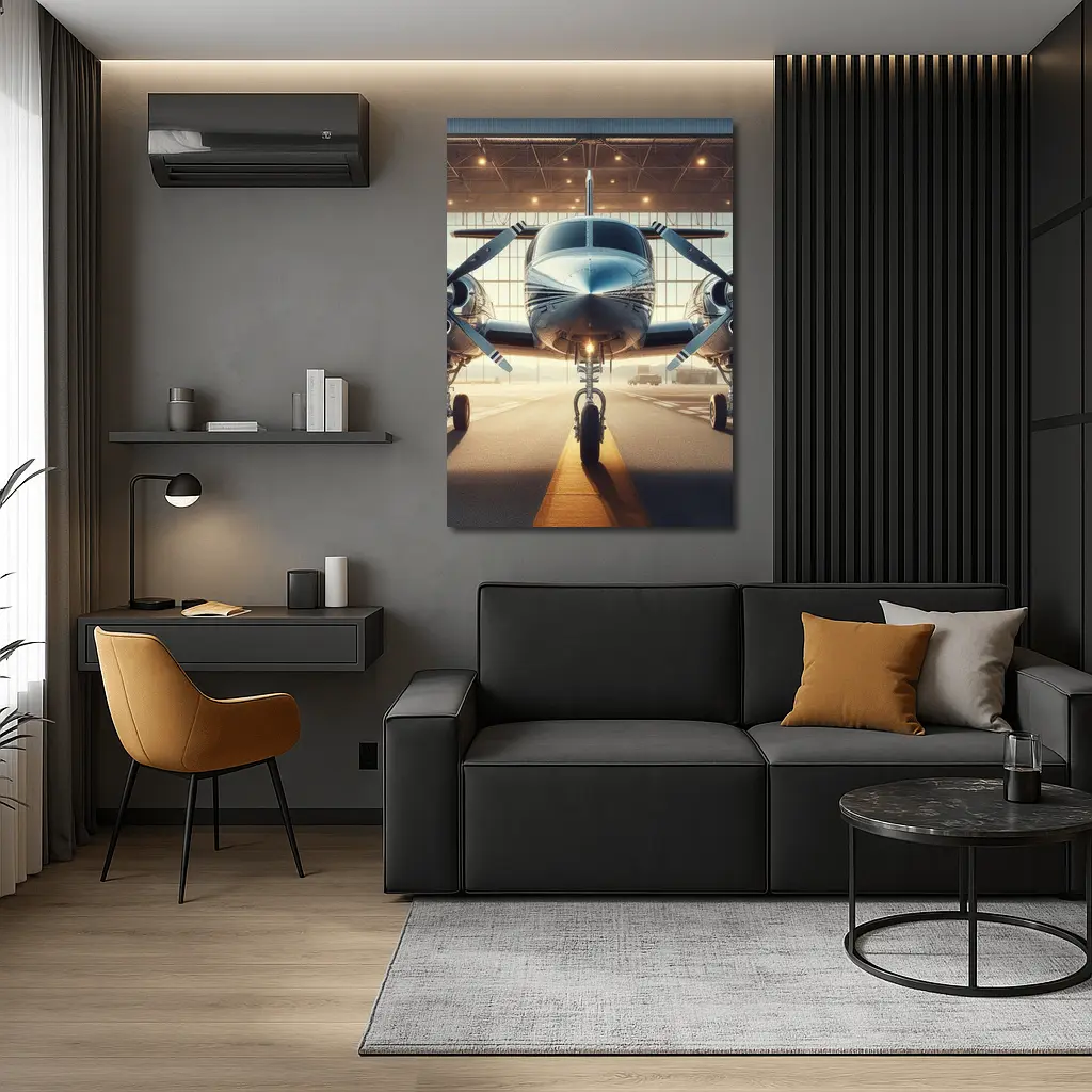 Twin Engine Propeller Plane Inside Hangar – Wall Art