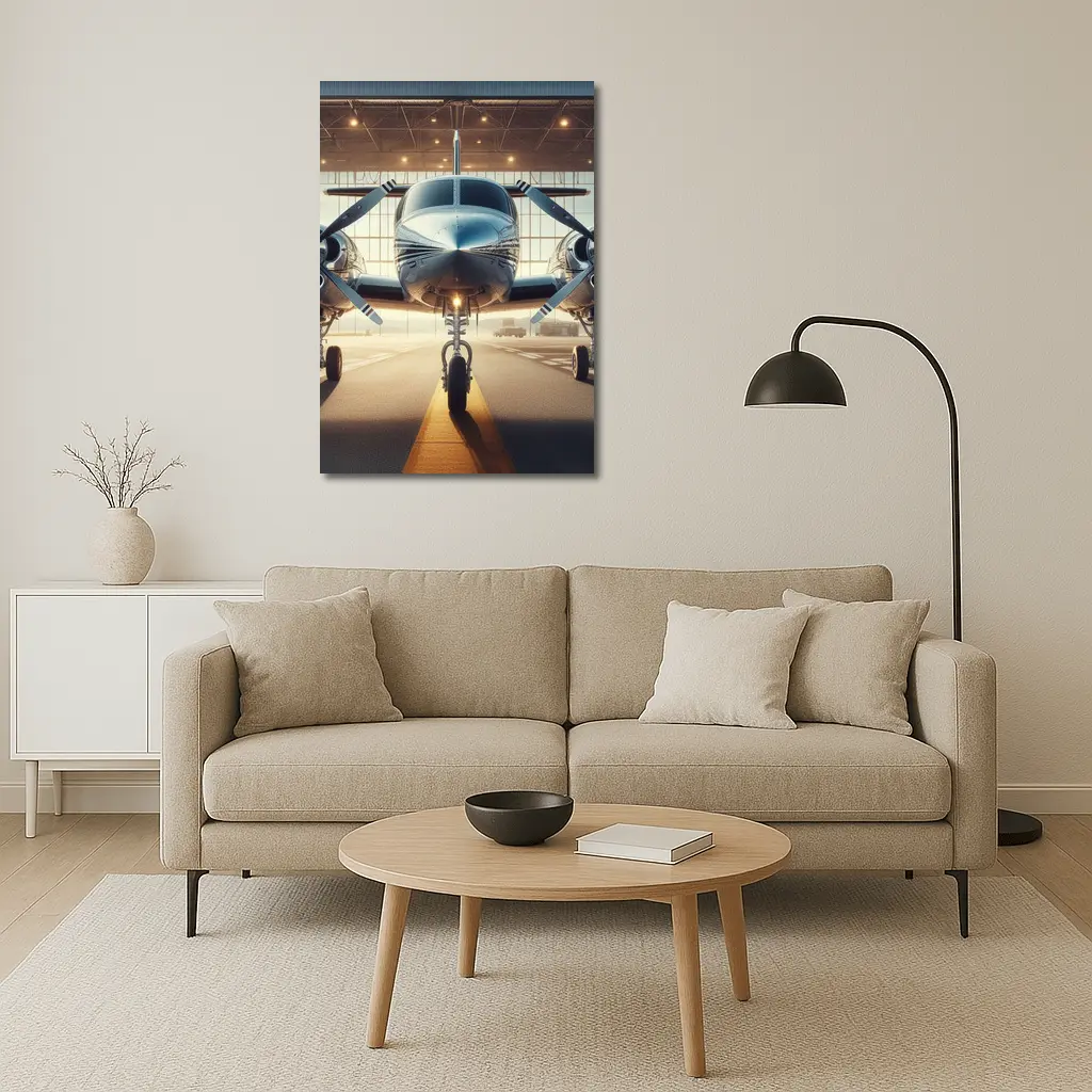 Twin Engine Propeller Plane Inside Hangar – Wall Art
