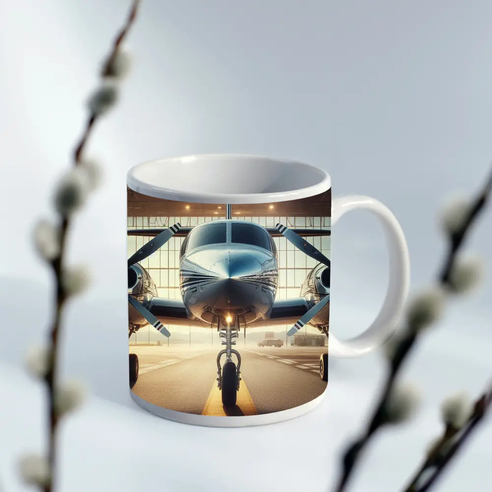 Twin Engine Propeller Plane Inside Hangar – Mugs