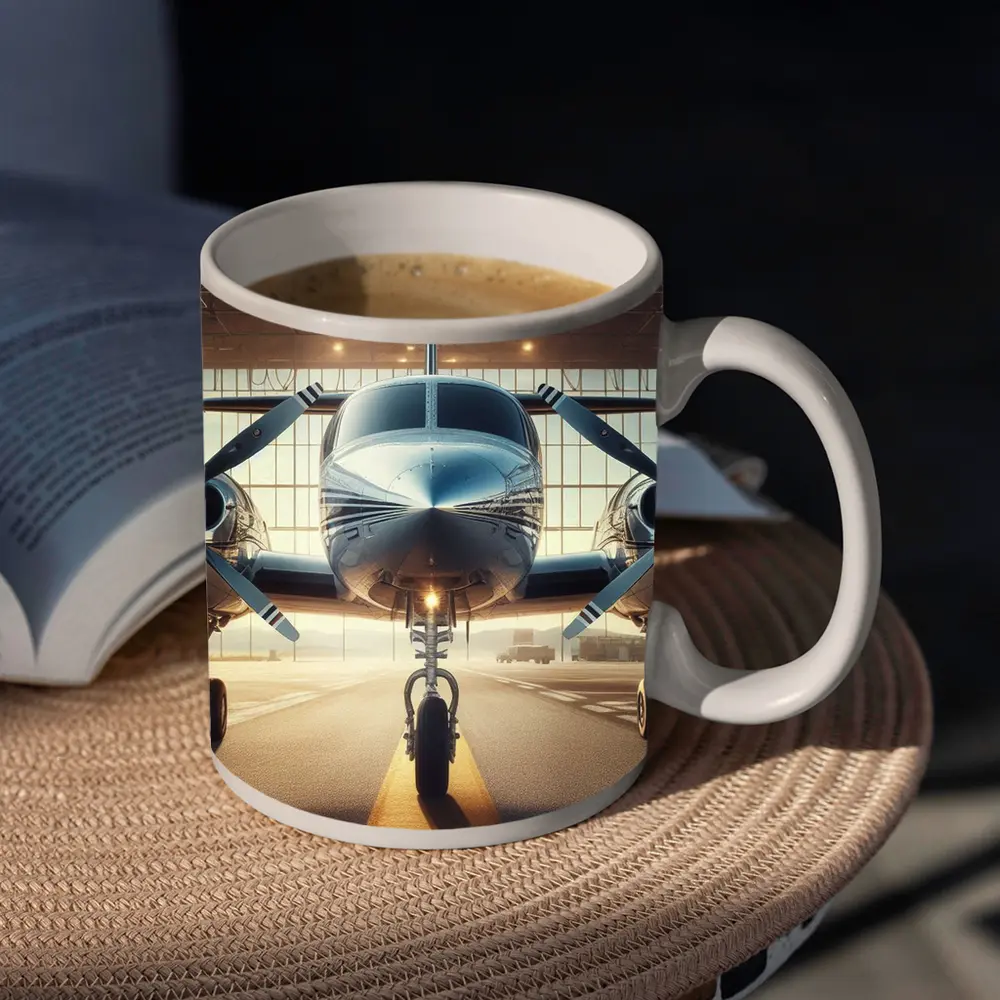 Twin Engine Propeller Plane Inside Hangar – Mugs