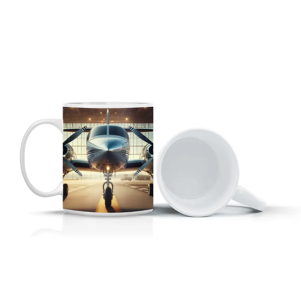 Twin Engine Propeller Plane Inside Hangar – Mugs