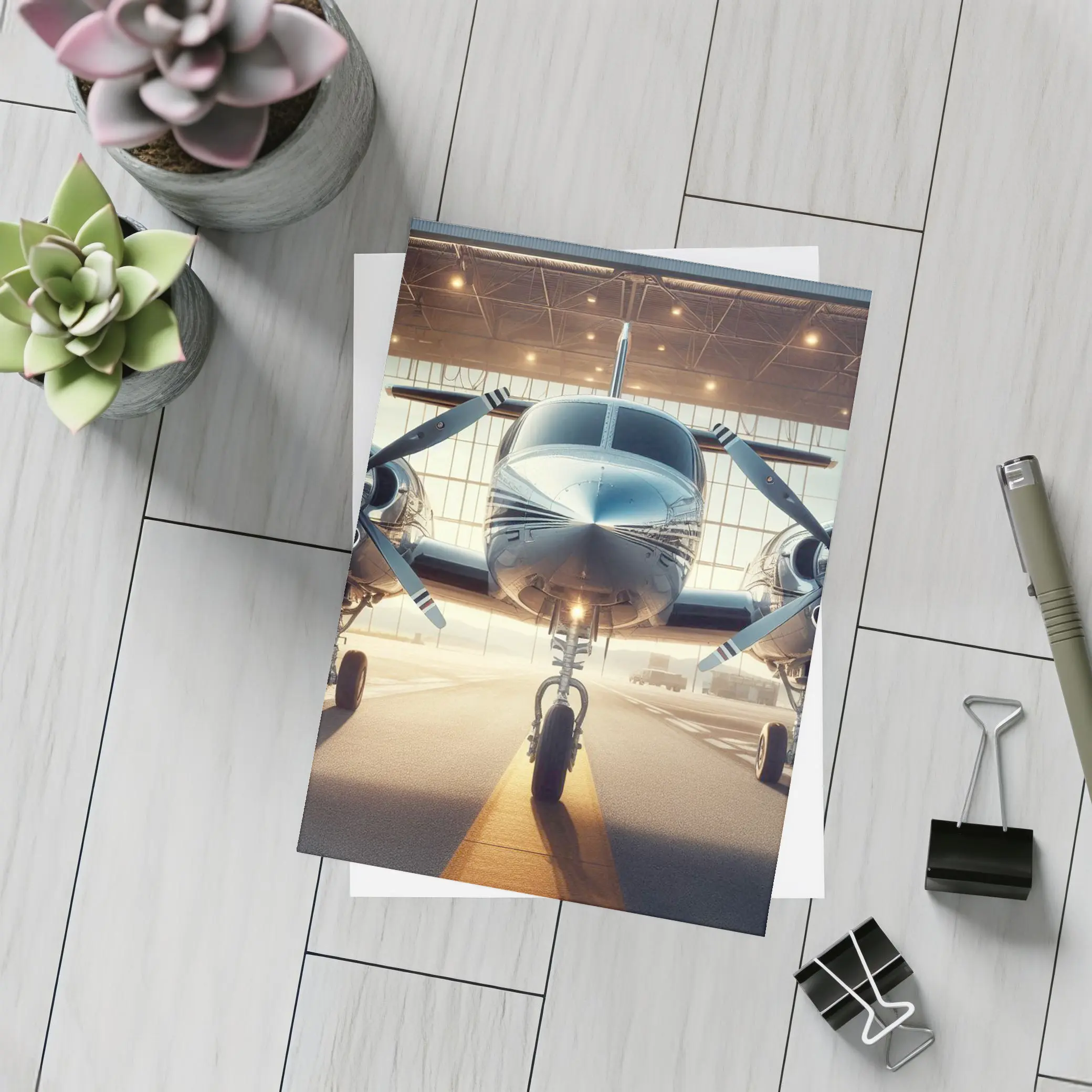 Twin Engine Propeller Plane Inside Hangar – Postcards