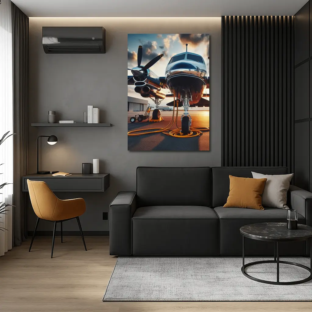 Private Propeller Plane On Airport Tarmac Sunset – Wall Art