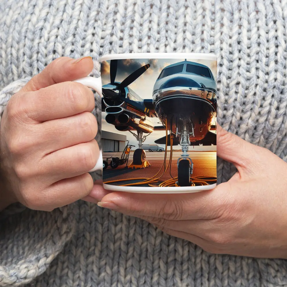 Private Propeller Plane On Airport Tarmac Sunset – Mugs