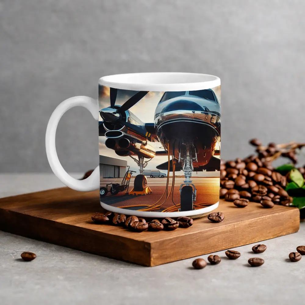 Private Propeller Plane On Airport Tarmac Sunset – Mugs