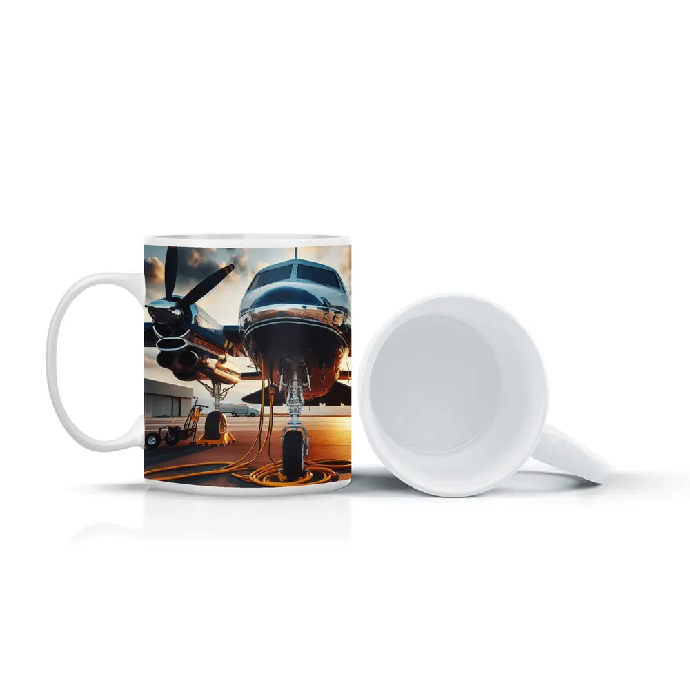Private Propeller Plane On Airport Tarmac Sunset – Mugs