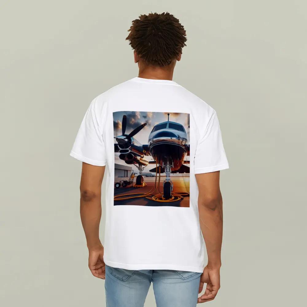 Private Propeller Plane On Airport Tarmac Sunset – T-Shirts