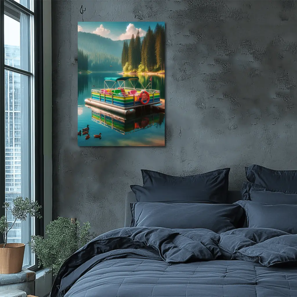 Colorful Pontoon Boat Calm Mountain Lake – Wall Art